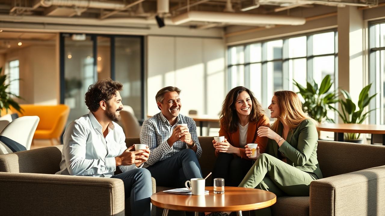 Illustrative image: colleagues talking over coffee in an office lounge