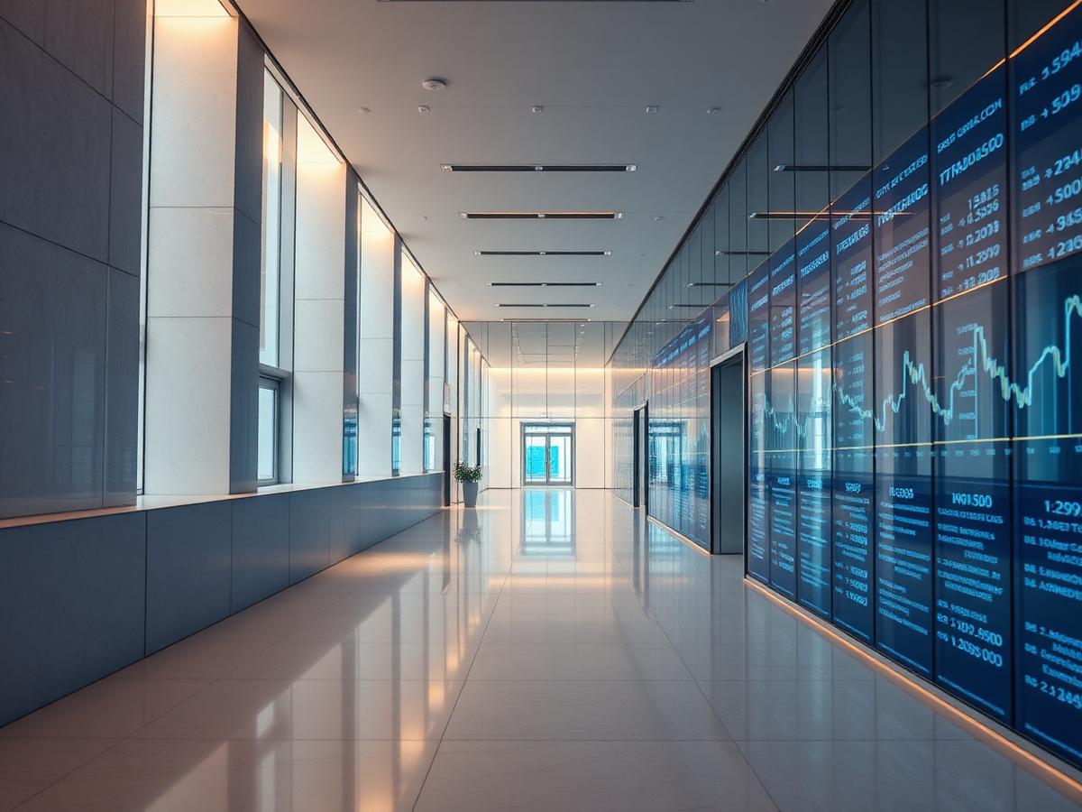 Modern financial services headquarters interior with market data displays