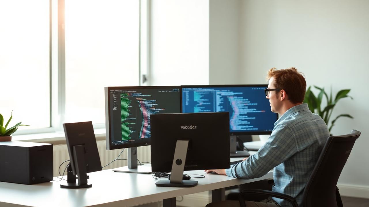 Illustrative image: colleagues working together at a desk with monitors