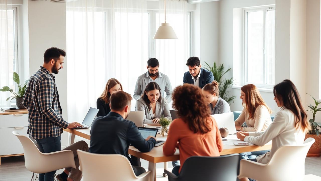 Illustrative image: colleagues collaborating around a table in a bright office