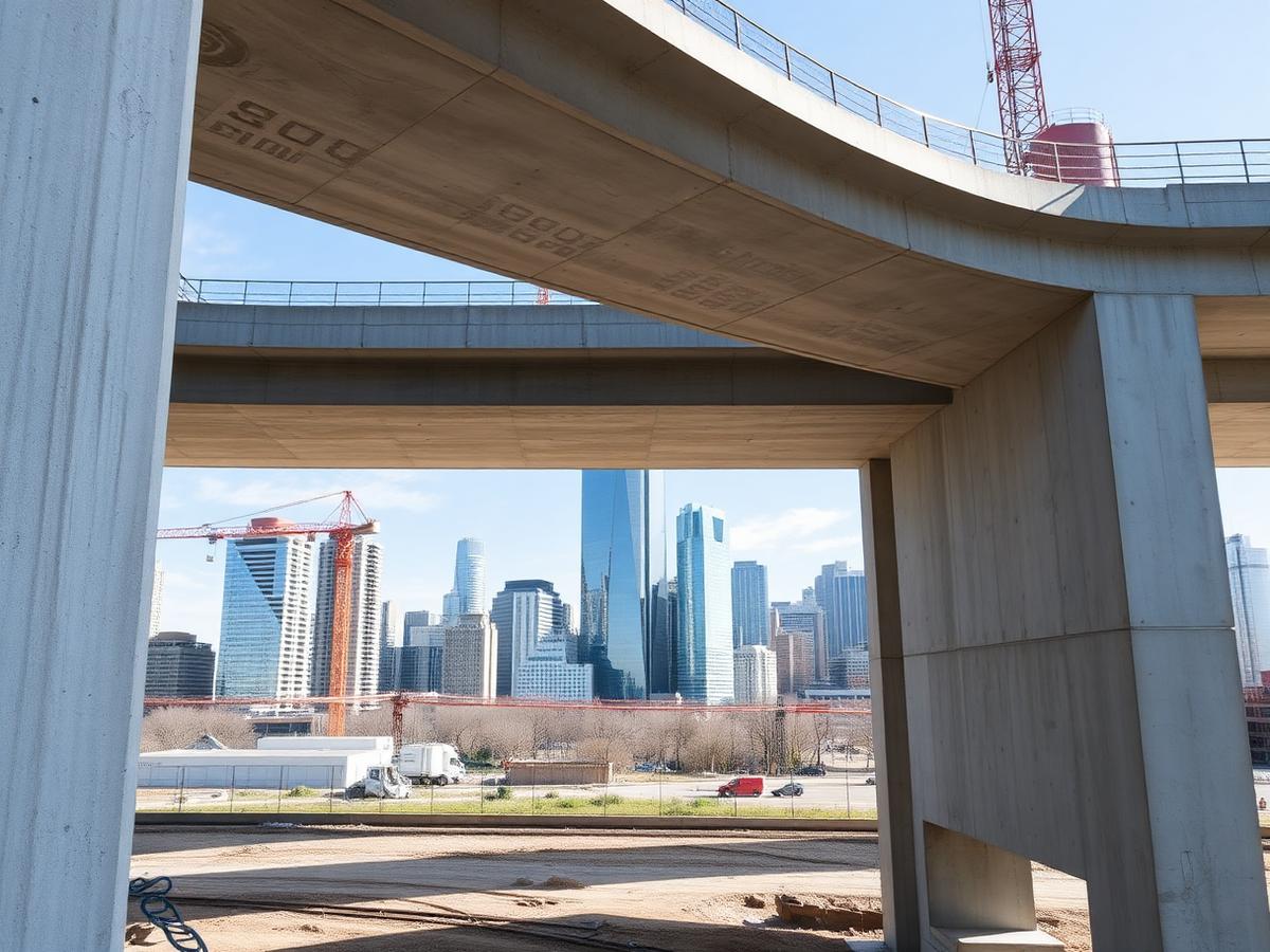 Modern concrete and steel infrastructure under construction with a city skyline
