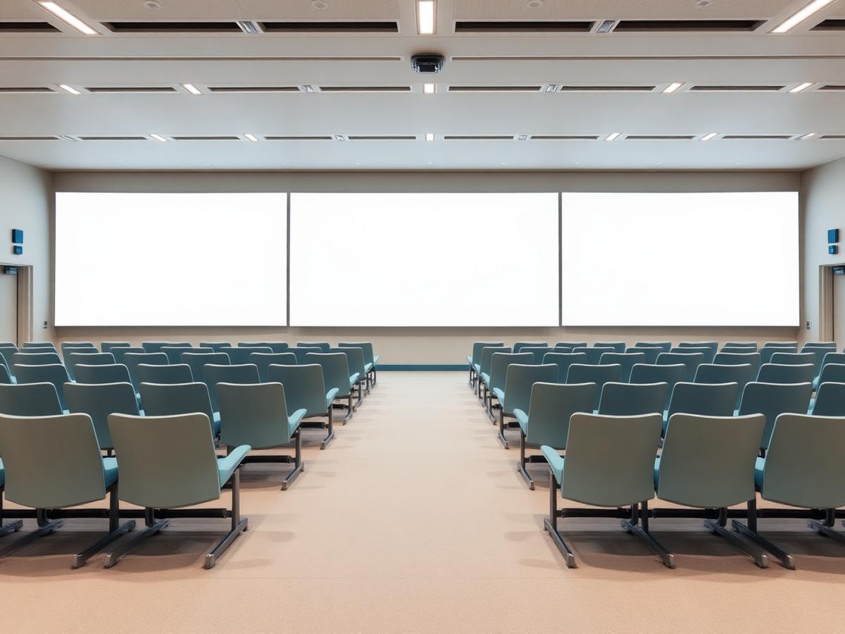 Bright modern lecture space with clean seating and blank display panels