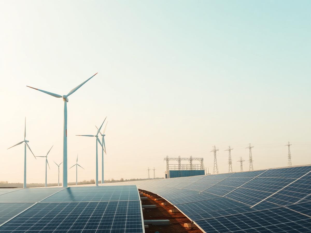Wind turbines and solar arrays beside a grid substation under a bright sky