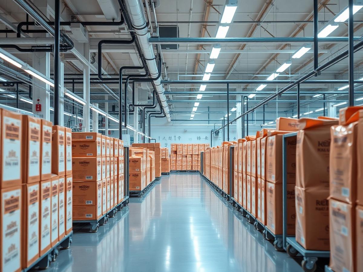 Consumer goods production hall with neatly arranged packaged products