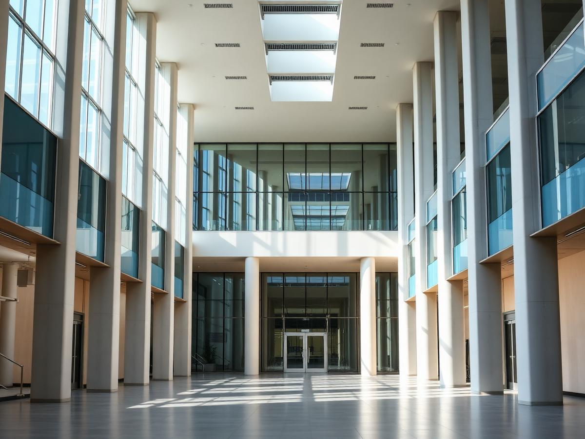 Bright contemporary civic building atrium with columns and glass