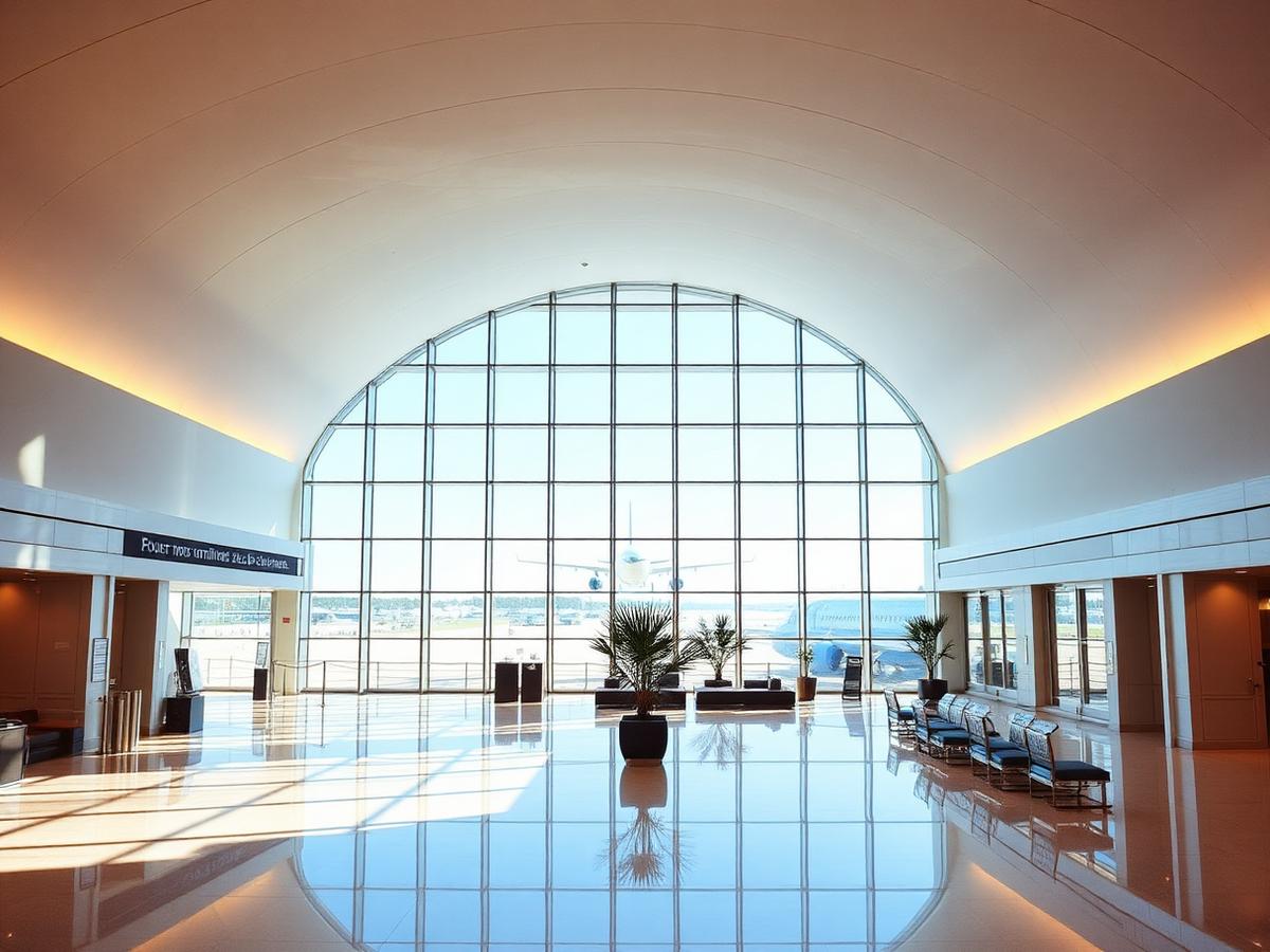 Bright modern airport terminal with curved architecture and daylight
