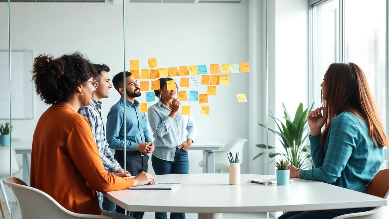 Illustrative image: a brainstorming session with sticky notes on a glass wall