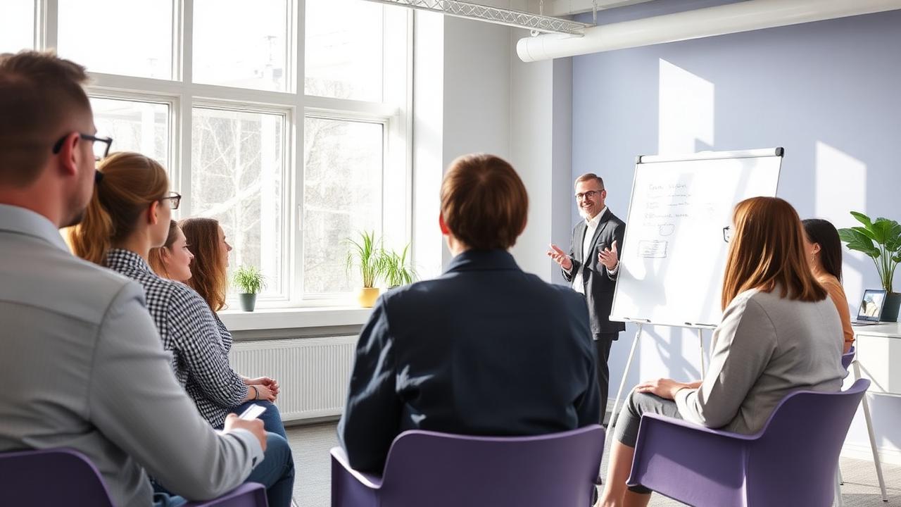 Illustrative image: a learning session with a presenter and small group