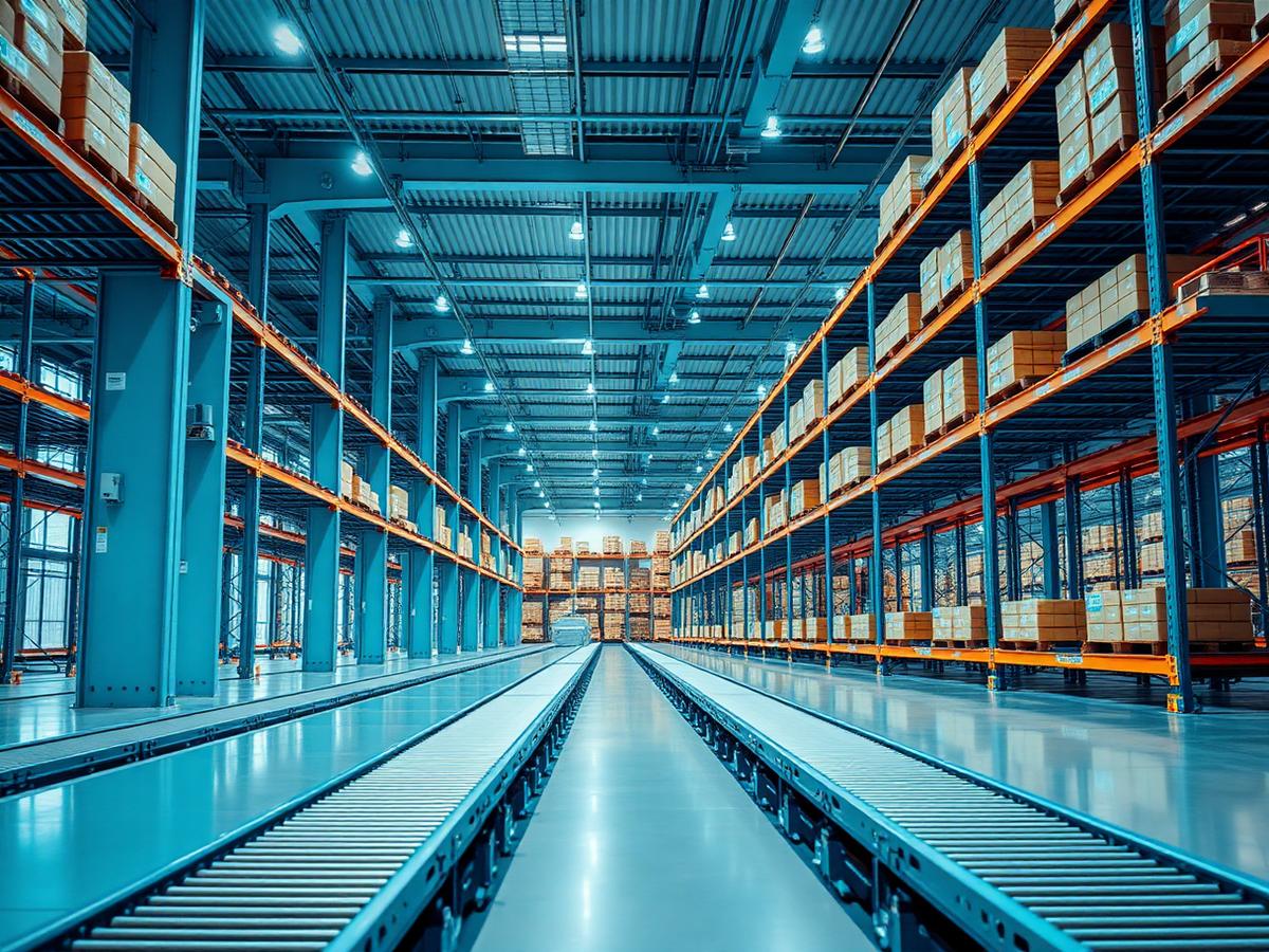 Modern automated distribution centre with conveyor systems and racking