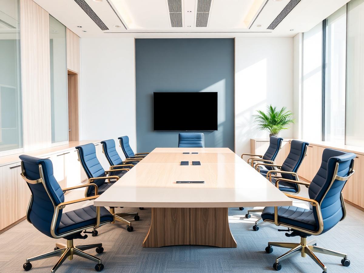 Bright minimal consulting boardroom with pale wood and glass