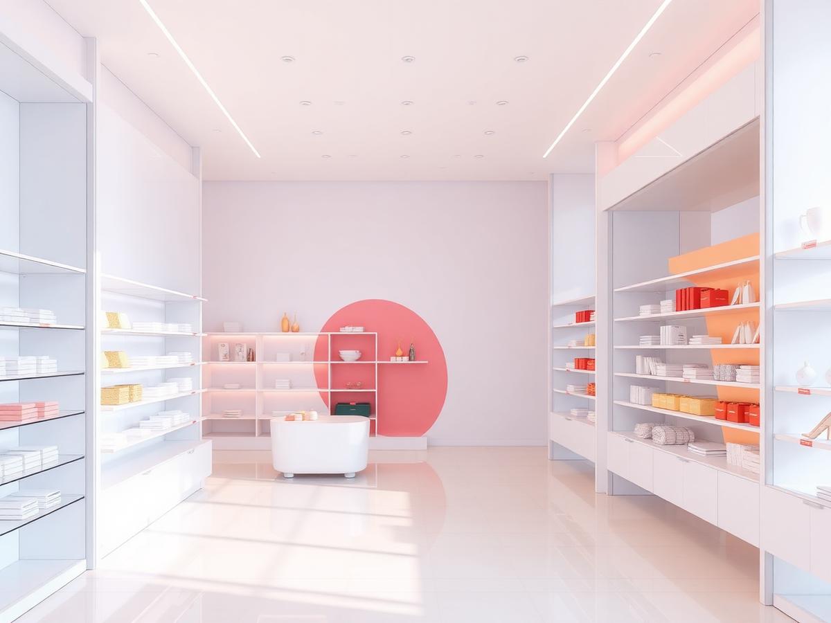 Bright minimal flagship retail store interior with clean shelving