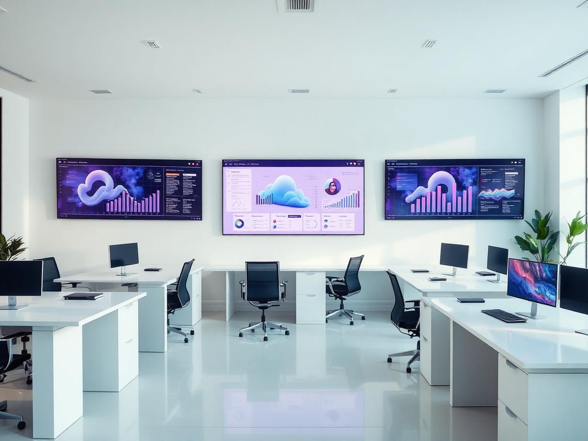 Modern software product workspace with cloud and data visualisations on screens